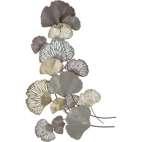 Pannello decorativo da parete Diply con foglie di ginkgo in ferro grigio, oro e rosa 76x126 cm