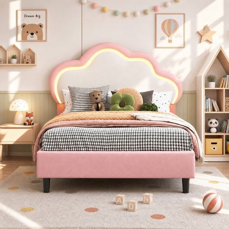 Lit enfant 90x200 cm avec tête de lit nuage LED en PU, sommier à lattes, cadre en bois massif, lit fille style princesse rose pour chambre enfant