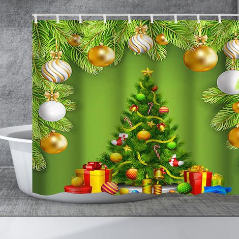 150 x 180 cm großer, wasserdichter Duschvorhang mit Weihnachtsbaum-Motiv und Haken zur Badezimmerdekoration (1/5)