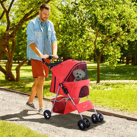 Poussette pliable pour petits chiens 10kg - roues avant 360° - porte-gobelet - panier rangement - 3 fenêtres - roues freins - rouge