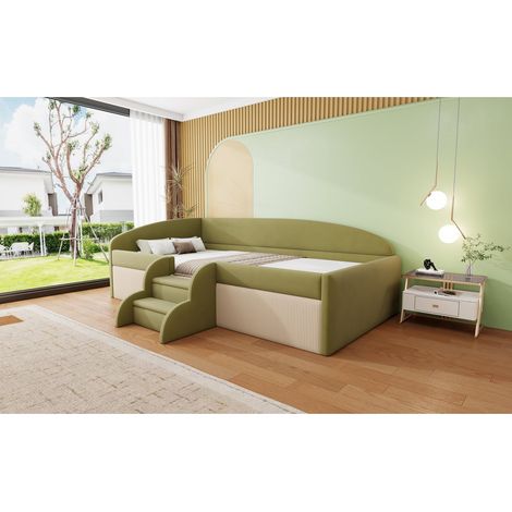 Canapé-lit 90x190 cm multifonction avec marches et barrières, tissu velours vert foncé et crème, sans matelas (1/5)