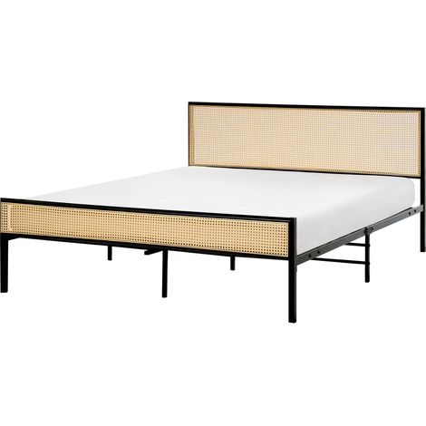 Cadre de lit Double Moderne Sommier à Lattes 160 x 200 cm Tête de Lit Polyrotin Tresse Viennoise Cadre Métal Noir Avanton (1/5)