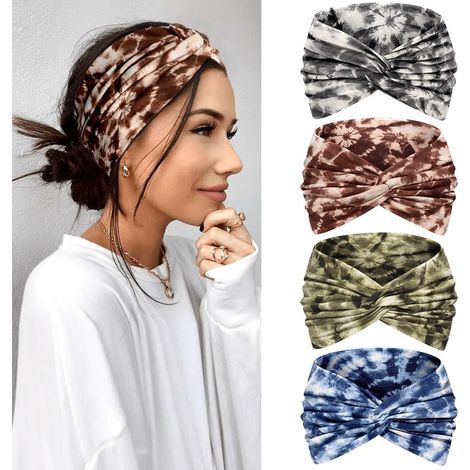 Fascia per capelli da donna, set da 4 pezzi, extra larga 7,1 pollici, fascia elastica, stile bohémien, multicolore, per yoga, sport e cosmetici (blu, marrone, grigio, verde) (1/5)