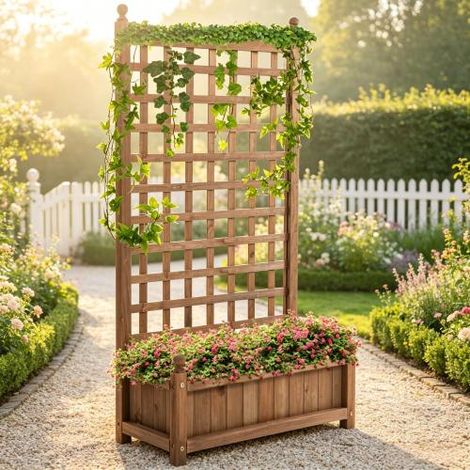 Jardinière avec support pour plantes grimpantes, bac surélevé avec panneau arrière en filet, support à plantes élégant, jardinière uniquement – 1 pièce, sur place (1/5)
