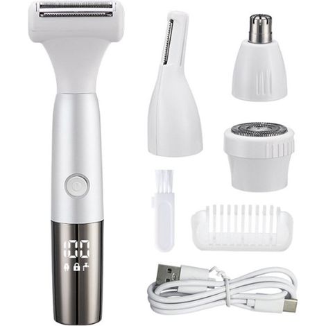 Set multifunzione ricaricabile 4 in 1 per la depilazione con display a LED, rasoio per viso e corpo e rifinitore per peli del naso, bianco-argento (1/2)