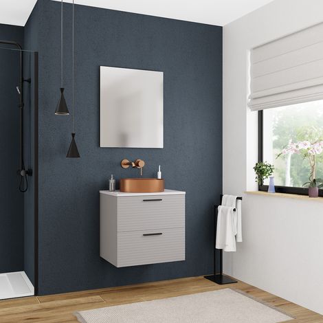 Ceramia Komplettset 60 cm: Waschtisch matt weiß + FSC-zertifizierter, zusammengebauter Schrank, perlgrau (CERAMIA-4LG60-S)