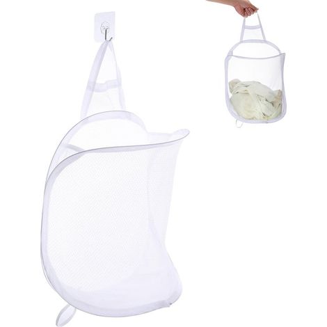 Cesto portabiancheria sospeso, cesto portabiancheria pieghevole in rete, borsa portaoggetti da parete, portatile, con ganci, facile da montare, salvaspazio per Sc (1/5)