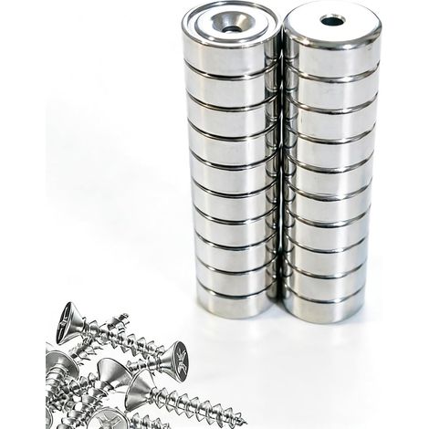 Lot de 20 aimants en néodyme avec trou à visser - 16 mm d'épaisseur - Aimants en néodyme extra puissants avec trou fraisé - Douille en acier - Aimant en pot Ni+Cu+Ni - Pour bureau, atelier et (1/5)