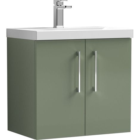 Balterley Contemporary Bathroom Wall Hung 2 Soft-Close Door Vanity Unit & Mid-Edge Basin, Satin Green, 600 mm