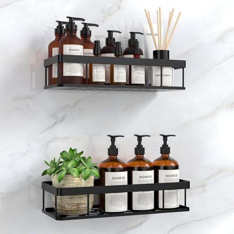 Etagère Douche, 2 PCS Etagere Salle de Bain Sans Percage, Rangement Douche, Support de gel Shampoing, Noir (Modèle de base) (1/5)