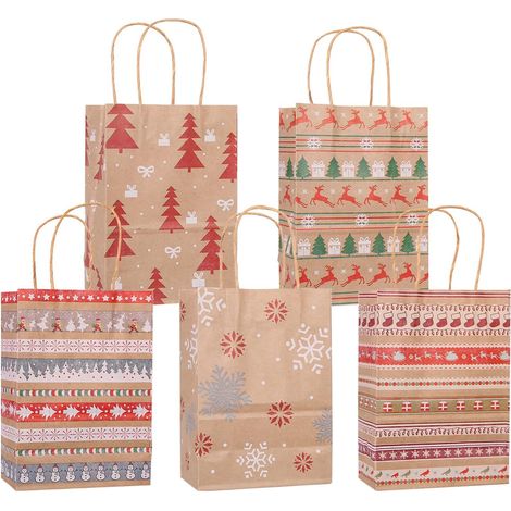 Sac Cadeau Noel, 25 Sacs Cadeaux en Papier pour Noël, Sac Papier Kraft Noel avec Poignées, pochette cadeau noel Reutilisable pour les Cadeaux pour Emballer des Cadeaux Fournitures de Fête (A) (1/5)