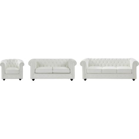 Canapés 3 places, 2 places et fauteuil en simili blanc CHESTERFIELD