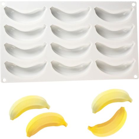 3D-Silikonform für Bananen, 12 Mulden, ideal zum Dekorieren von Kuchen, Mousses, Pralinen, Gelees und Desserts. BPA-frei. (1/5)