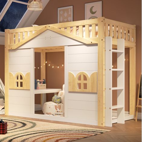 Letto a soppalco per bambini in legno 90x200 cm con finestra, scaletta reversibile, rete a doghe, pino e MDF, bianco (1/5)