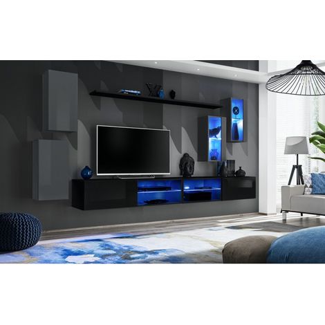 Ensemble meuble TV mural Switch XXV - L 280 x P 40 x H 140 cm - Gris et noir - Livraison gratuite