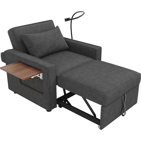 Sofá cama plegable de 1 plaza en tejido de corduroy gris con puerto USB y soporte para móvil HOMVRA (1/5)