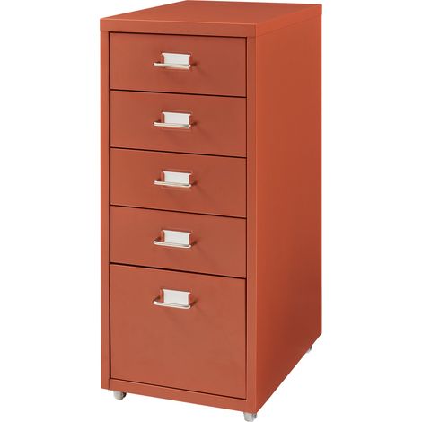 Caisson de bureau armoire meuble de rangement à roulettes avec 5 tiroirs 69 x 28 x 41 cm rouge brique (1/4)