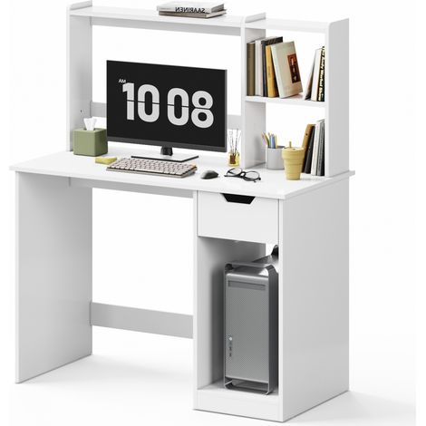 Bureau Informatique avec Étagère Réglable, Tiroir et Rangement pour Ordinateur Principal, 105L x 50P x 125H cm, Blanc, Mondeer
