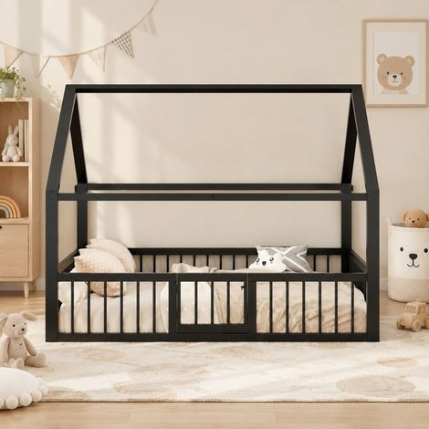 Letto a casetta per bambini 140x200 cm in metallo nero, salvaspazio, senza materasso FloraGrace (1/5)