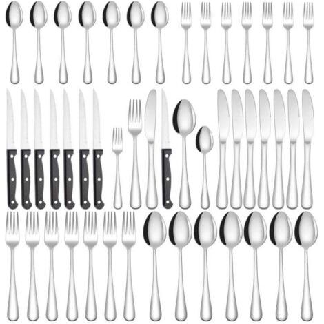 QORVA-Ménagère 48 pièces - Acier inoxydable - Comprend couteaux, fourchettes et cuillères à steak - Pour 7 personnes - Idéale pour la maison, les fêtes et les restaurants - Compatible lave-vaisselle