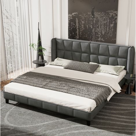DESVIAE Lit rembourré 180 x 200 cm avec tête de lit et sommier à lattes en velours gris (1/5)