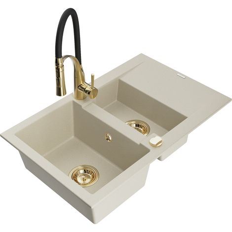 Mexen Gaspar évier en granit 1,5 bac avec égouttoir et robinet de cuisine Aster, beige - 6507-69-73450-57-G (1/5)