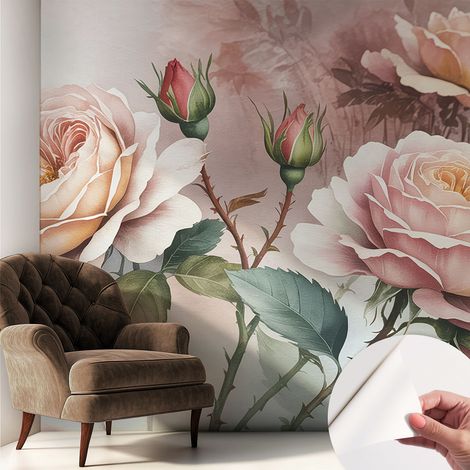 Selbstklebend Tapete modern Wohnzimmer - Wanddekoration - einfach anzubringen Pastellfarbene Rosen 250x250 cm (1/5)