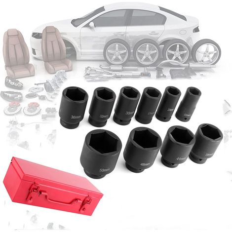 Rosvola 10pcs douilles à choc hexagonales 3/4" Drive 22-50 mm Acier au chrome-molybdène 6 points métrique Kit d'outils de voiture (1/5)