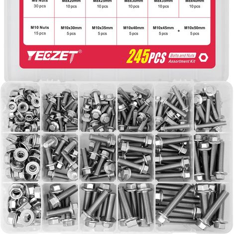 kit 245 pièces boulons écrous à bride m6 m8 m10, acier inoxydable 304, 15 tailles métriques, pour réparation électroménager auto bricolage (1/5)