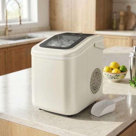 Macchina per cubetti di ghiaccio portatile con funzione autopulente, paletta e cestello per il ghiaccio, 12 kg/24 ore, beige.