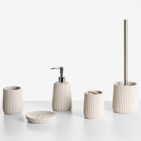Conjunto de 5 accesorios de baño jabonera dispensador de jabón escobilla de inodoro vaso soporte para cepillos de dientes beige Pozuzo