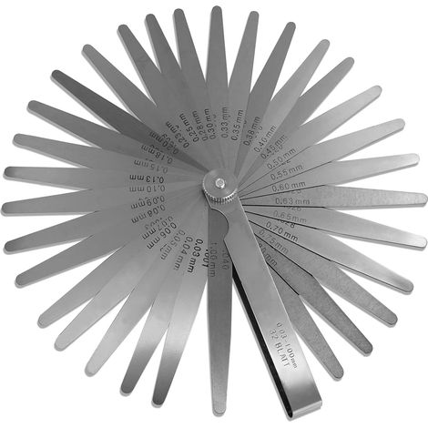 32 hojas de calibre de espesor de acero de 0,03-1,00 mm (0,001-0,04") Herramienta de medición con marcas métricas e imperiales para medir el ancho o el espesor de espacios (1/5)