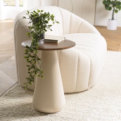 JAMES - Table d'appoint 40x40cm plateau en manguier pied métal ivoire JAMES