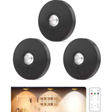 Lot de 3 lampes rondes rechargeables avec télécommande – 1500 mAh, variateur et minuterie, autocollantes, noires (1/4)