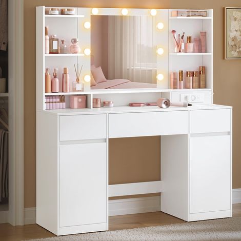 Coiffeuse avec Miroir LED, Multiprise, 2 Placards, 9 Ampoules, Rangement Bijoux, Éclairage 3 Couleurs, Installation des Rails sans Outils, Blanc Nuage RDT142WB02 (1/5)