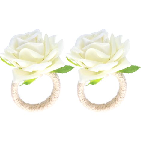 2PCS/Sac Ronds de Serviette Fleurs Artificielles, Moderne Porte-Serviette Décor de Table pour Mariage Blanc