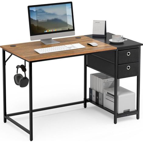 Bureau informatique 120x60cm avec 2 tiroirs, étagère et support casque, marron vintage (1/5)