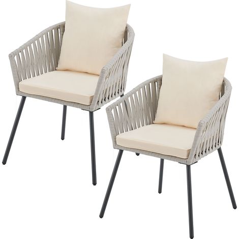 Juskys – Chaises de jardin en corde – Lot de 2 avec coussins – Résistantes aux intempéries – Charge maximale 160 kg – Acier peint par poudrage gris clair