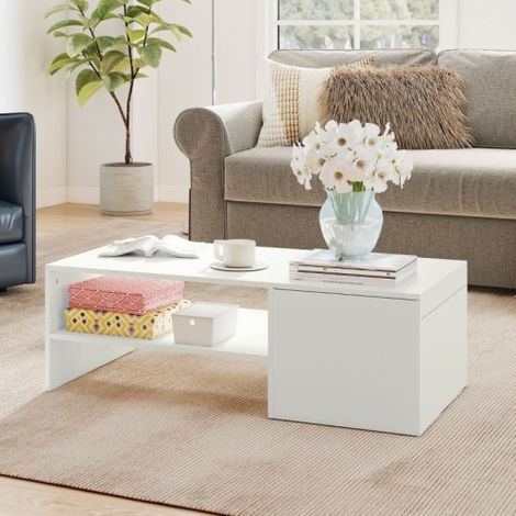 Table basse réglable — Mécanisme coulissant en métal, structure en panneaux de particules, inclut des patins de protection anti-rayures — Blanc.