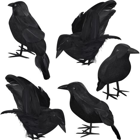 Lot de 5 corbeaux artificiels à plumes réalistes - Décoration faite à la main - Corbeau noir volant pour Halloween, décoration d'intérieur, jardin, intérieur ou extérieur - Accessoire photo (1/5)