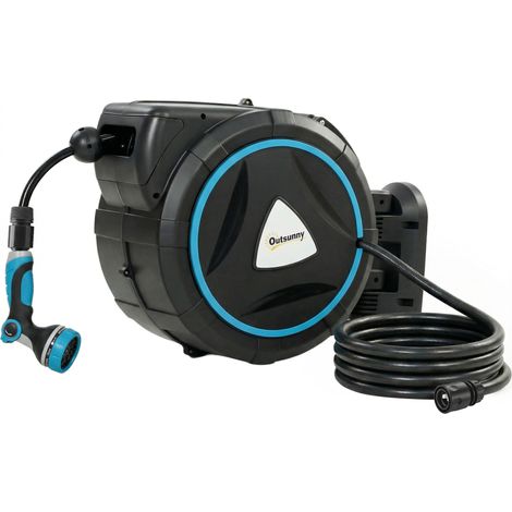 Enrouleur mural automatique pour tuyau d'arrosage 23+2 mètres, dévidoir rétractable avec pistolet 10+2 modes, 55x31x50cm, bleu (1/5)