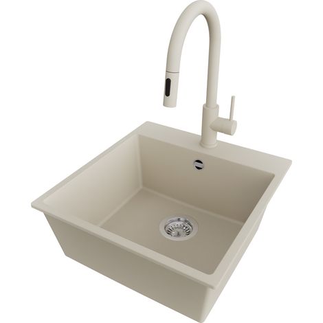 PRIMAGRAN Evier Cuisine en Granit 48x50cm,Lavabo 1 bac + Robinet 40x20cm + Kit de Vidage, Évier à Encastrer au meuble 50cm - Riga, Beige (1/5)