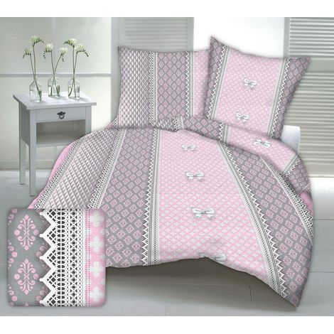 Parure de lit 160x200 avec motif dentelle rose et grise et nœuds (1/2)