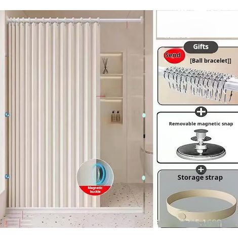 Rideau de douche magnétique robuste en lin 150 x 200 cm, rideau de douche pliable, résistant aux éclaboussures et aux moisissures, avec crochets,beige (1/5)