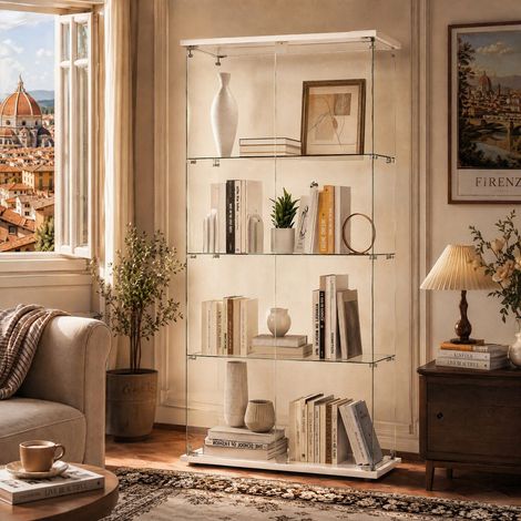 Vetrinetta in Vetro,Vetrinetta Espositiva,Vetrina Soggiorno Moderna con 4 Ripiani in Vetro con 2Porta e Serratura,Vetrine per Collezionismo,164x80.5×36.5cm,Bianco (1/5)