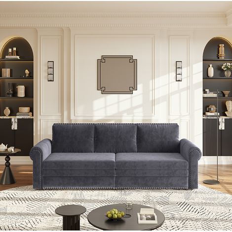 MODFU – Sofá cama de 3 plazas 3-en-1 deslizante 238x90x98 cm de terciopelo con reposabrazos enrollados, clavos decorativos, espuma y muelles ensacados para salón – Gris (1/5)
