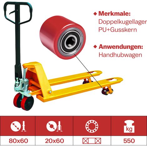Lot de 2 Roues de Chariot Élèvateur - Galets PU Polyuréthane 80x60mm, Roulement 6204 Alésage 20mm, Charge Max 550 Kg par Roue, Antitrace et Faible Résistance au Roulement pour Transpalette (1/5)