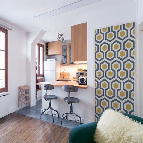 Sticker adhésif décoratif jaune pour porte - Ruche, 204 cm X 83 cm (1/4)