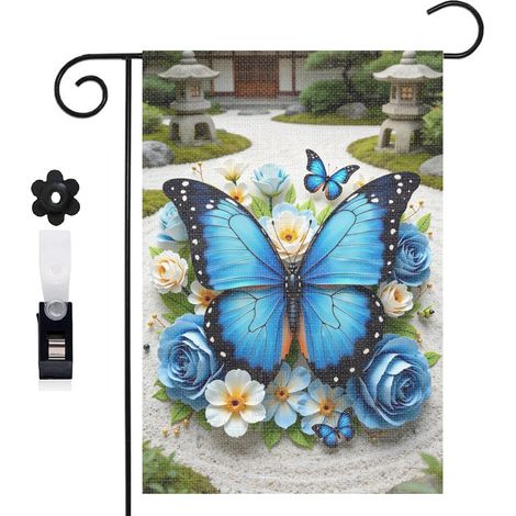 Bannière de cour ambiance printanière et papillon bleu 30 x 45 cm décoration extérieure et intérieure (1/5)
