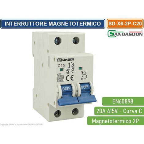 SANDASDON INTERRUTTORE MEGNETOTERMICO PER BARRA DIN 2 MODULI 2P 415V CURVA C 6KA 20A (1/2)